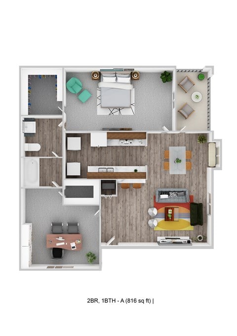Floor plan for 2 beds, 1 bath, 816 sqft